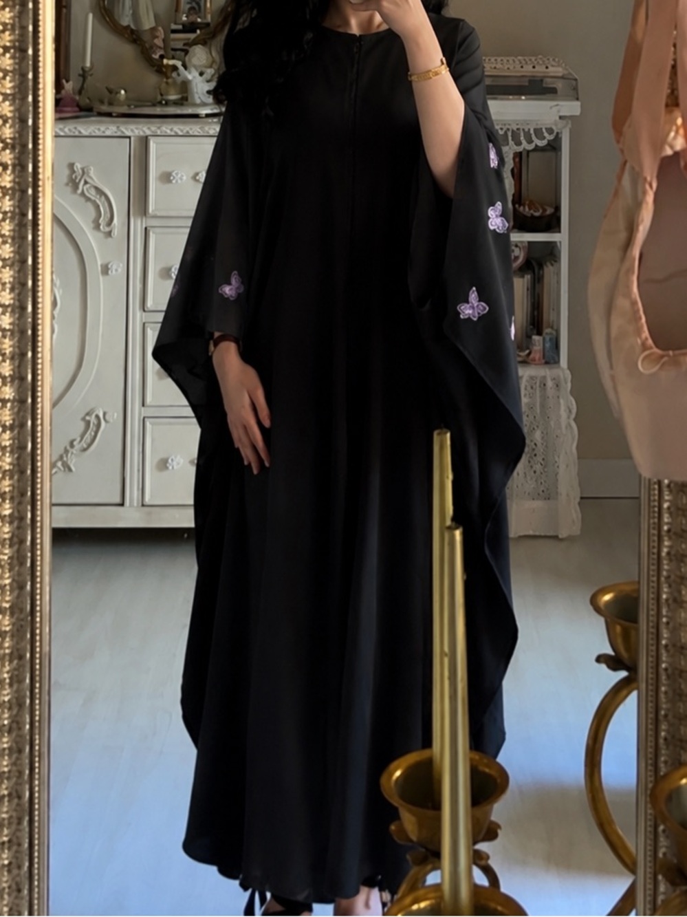 Black Women's Long Open Front abaya with Pink Butterfly